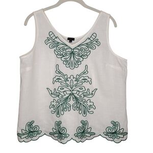Talbots Linen Cotton Tank Top Women's Size L Petite‎ White Green Summer Coastal